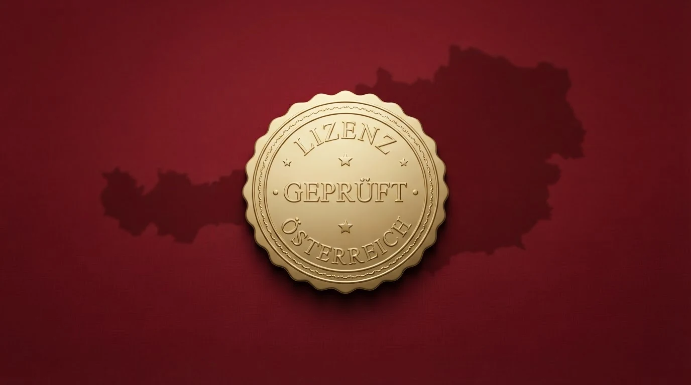 Offizielles Konzessionssiegel der Republik Österreich vor österreichischer Flagge und Gesetzestext des GSpG