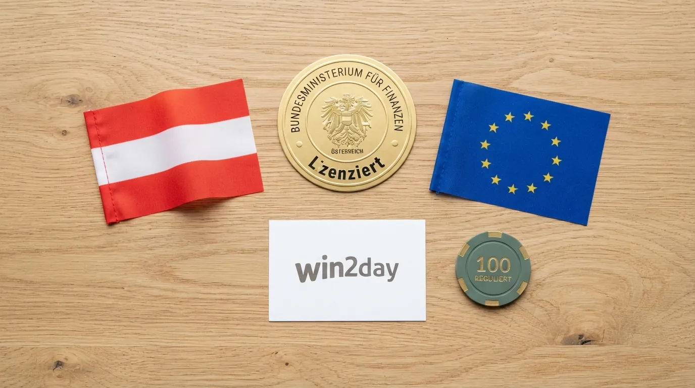 Die österreichische Flagge neben dem EU-Emblem und dem Logo des Bundesministeriums für Finanzen, darunter das win2day-Logo als einziger Konzessionär