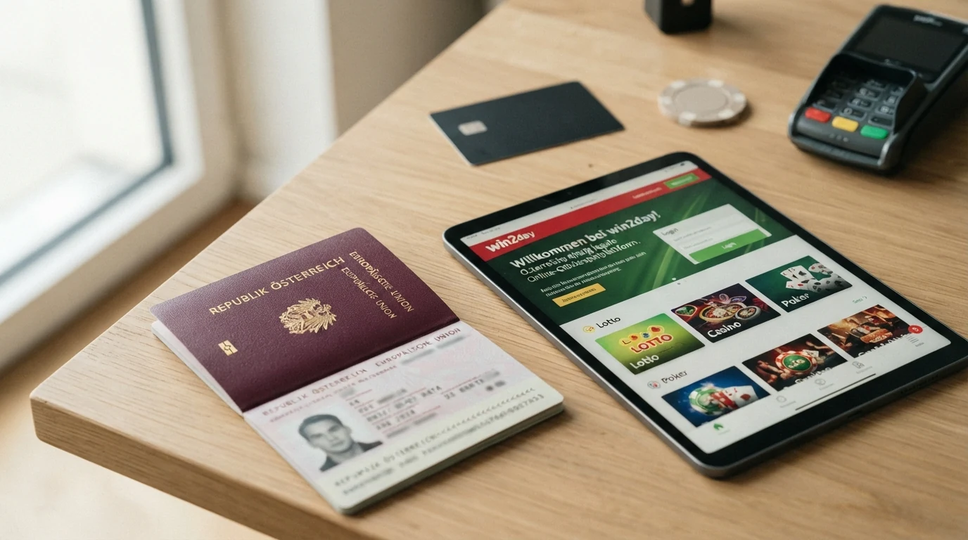 Ein österreichischer Reisepass liegt neben einem Tablet, das die Startseite von win2day zeigt, dahinter schemenhaft die Logos internationaler Casino-Anbieter