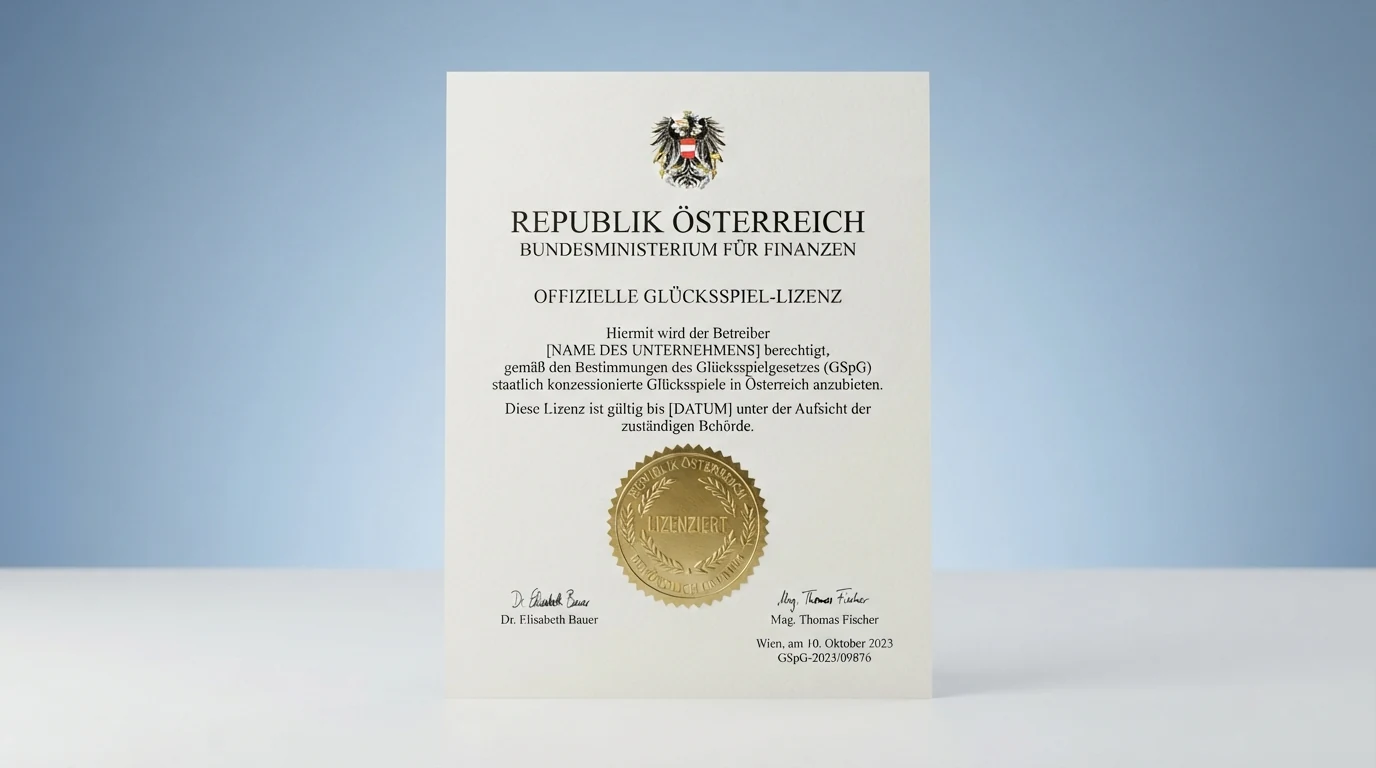 Offizielles Dokument mit österreichischem Staatswappen und dem Titel Glücksspielgesetz, daneben eine EU-Flagge und ein Fragezeichen