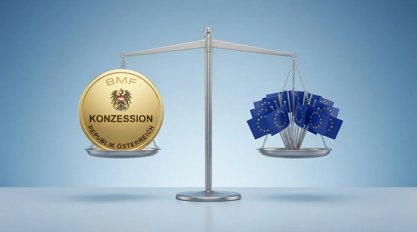 Eine stilisierte Waage: Auf der einen Schale das BMF-Logo mit dem Wort „Konzession“, auf der anderen mehrere EU-Flaggen – nur eine Schale ist unten.