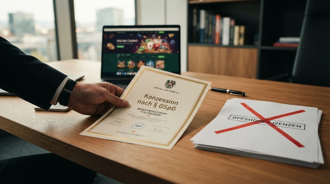 Stilisierte Darstellung einer Konzessionsurkunde des BMF neben dem win2day-Logo und einer durchgestrichenen Liste nicht-konzessionierter Lizenzsiegel (MGA, GGL, Curaçao, Anjouan)