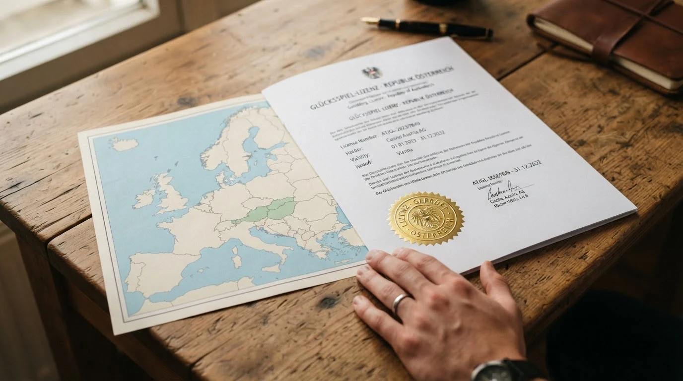 Offizielles Dokument mit österreichischem Glücksspiel-Konzessionssiegel neben einer Europakarte mit hervorgehobenem AT-Markt