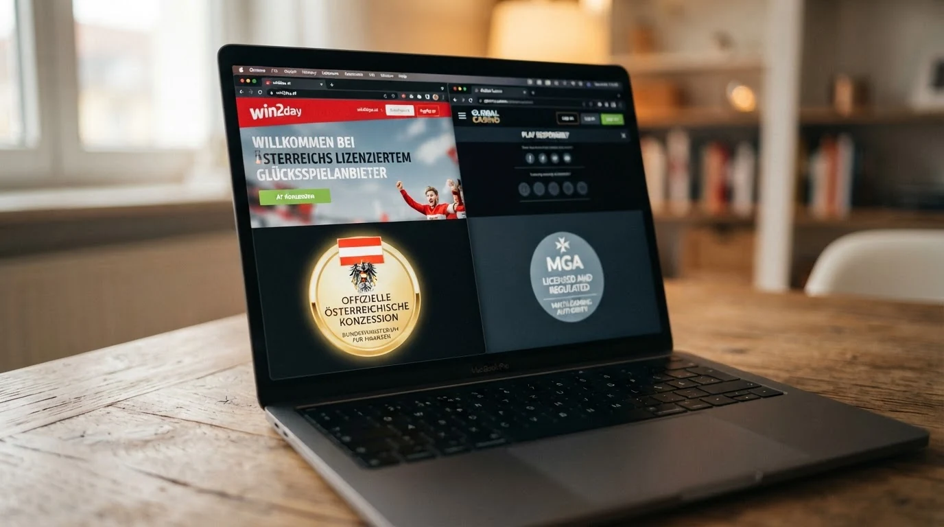 Bildschirmfoto der win2day-Startseite mit hervorgehobenem AT-Konzessionshinweis neben einer MGA-Lizenz-Fusszeile eines Offshore-Anbieters im direkten Vergleich