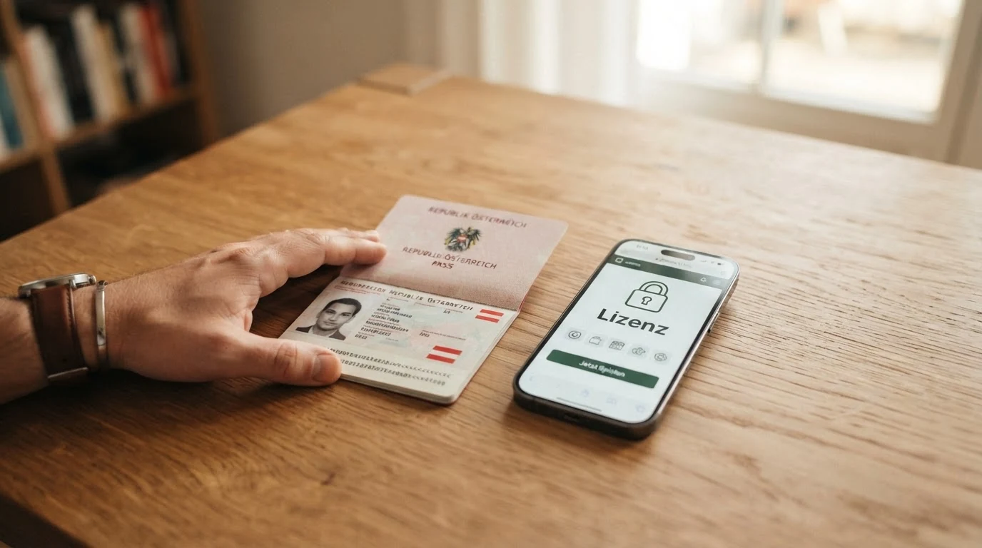 Ein österreichischer Reisepass liegt neben einem Smartphone, auf dem ein Vorhängeschloss-Symbol und der Schriftzug „Lizenz“ zu sehen sind