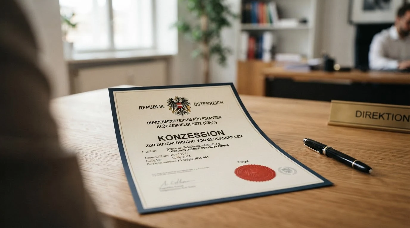 Ein offiziell wirkendes Dokument mit dem österreichischen Bundesadler und dem Schriftzug „Glücksspielgesetz (GSpG) — Konzession“ auf einem Schreibtisch, daneben das BMF-Logo