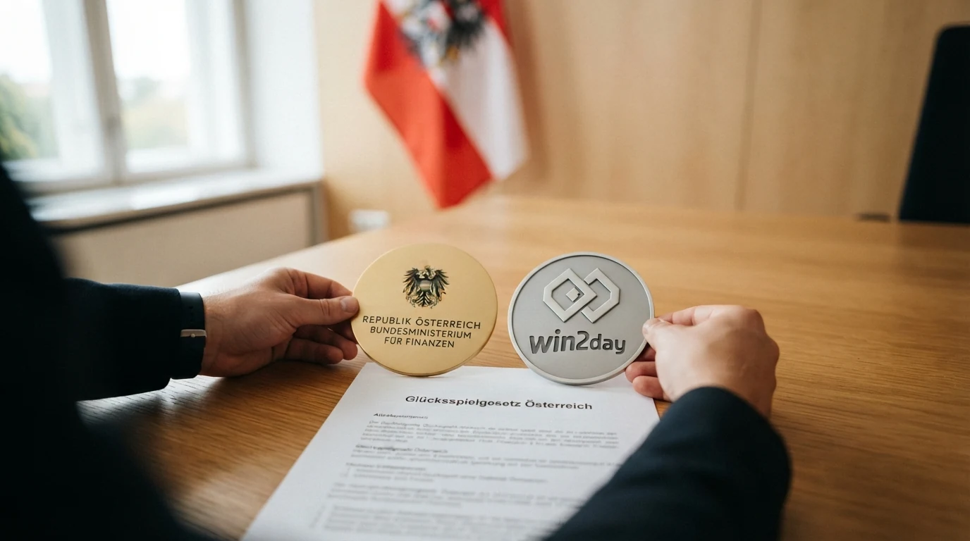 Das Logo des Bundesministeriums für Finanzen und das win2day-Logo nebeneinander auf einer österreichischen Flagge