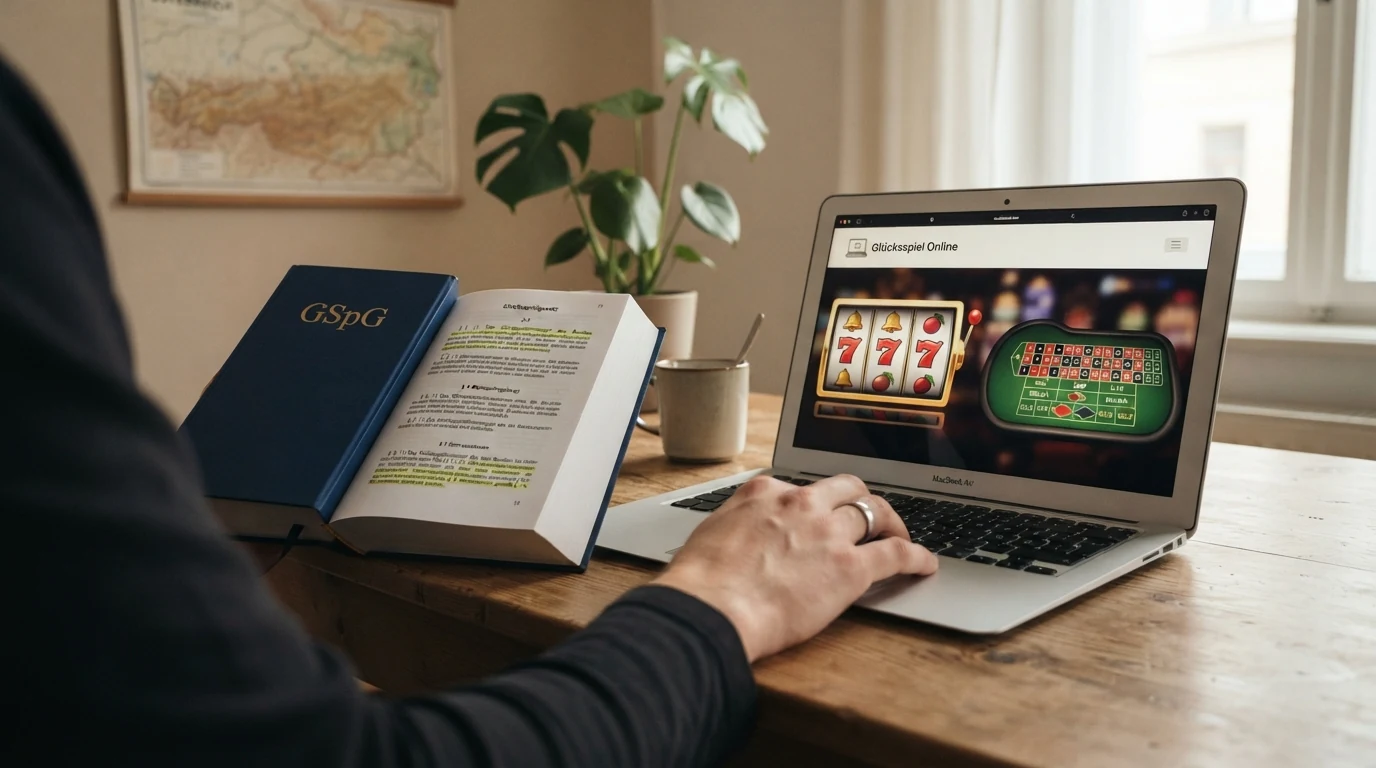 Österreichische Gesetzestext-Seite mit aufgeschlagenem GSpG neben einem Bildschirm mit Casino-Website und durchgestrichenem Zulassungssiegel