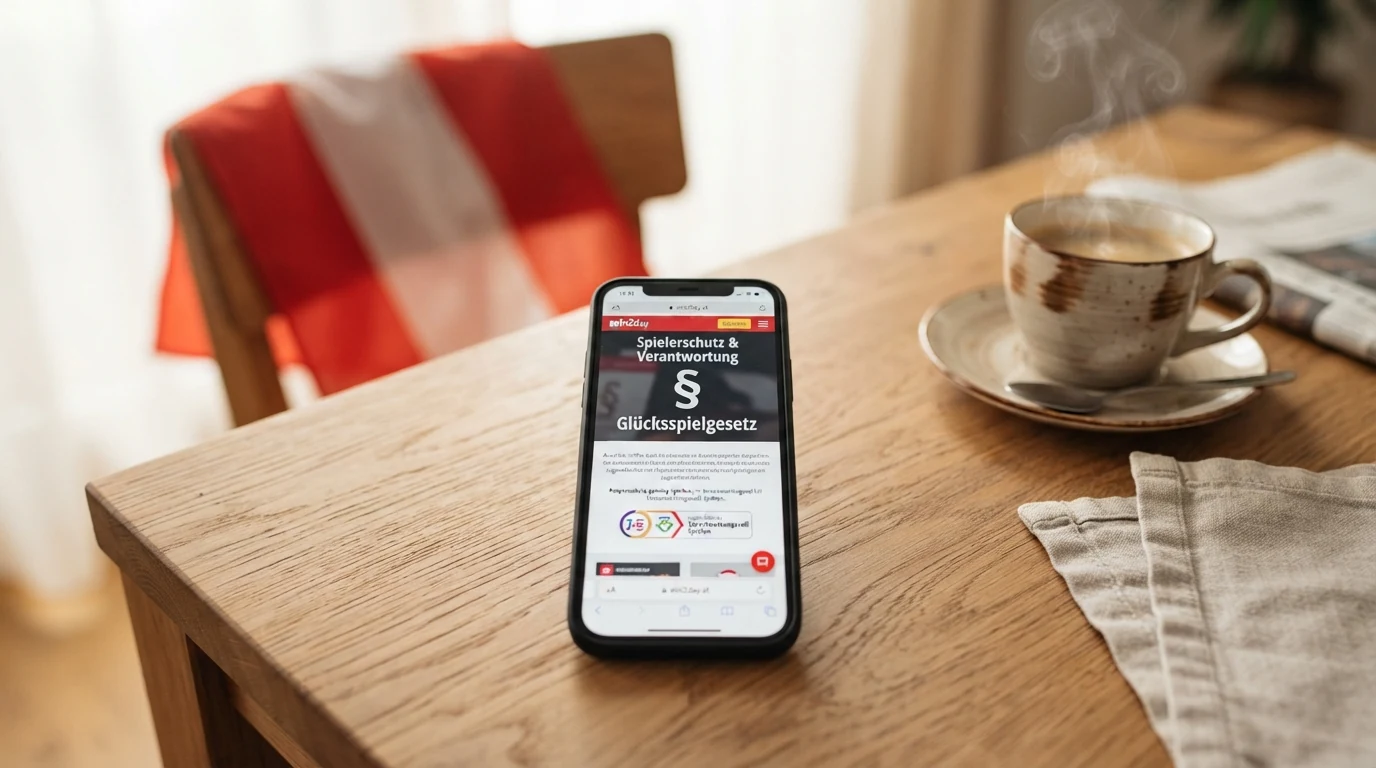 Ein Amtsblatt oder Paragrafen-Symbol vor dem Hintergrund der österreichischen Flagge, daneben ein Smartphone mit einer Casino-Seite