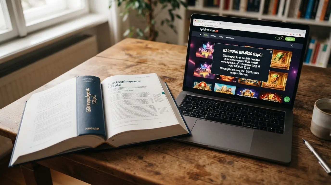 Aufgeschlagenes österreichisches Gesetzesblatt mit dem Titel „Glücksspielgesetz — GSpG“ neben einem Bildschirm mit einer Casino-Startseite und einem hervorgehobenen Warnhinweis