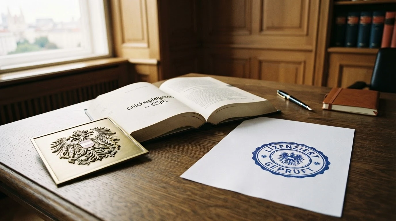 Das offizielle Bundeswappen der Republik Österreich neben einem aufgeschlagenen Gesetzbuch mit dem sichtbaren Titel „Glücksspielgesetz — GSpG“ und dem BMF-Logo