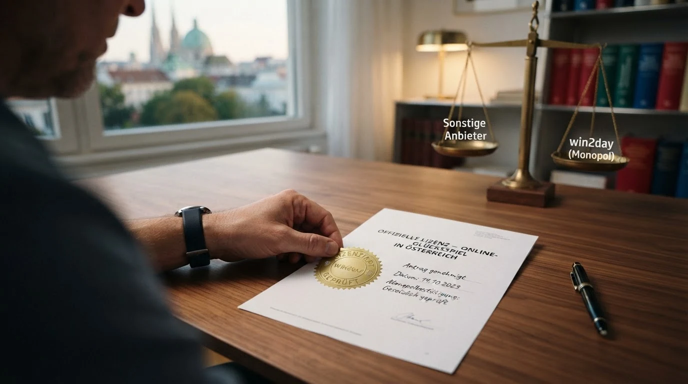 Eine stilisierte Waage: auf der linken Schale das win2day-Logo mit dem Schriftzug „AT-Konzession“, auf der rechten Schale mehrere Casino-Logos mit „MGA“, „Gibraltar“, „Curaçao“ — die linke Schale liegt tiefer