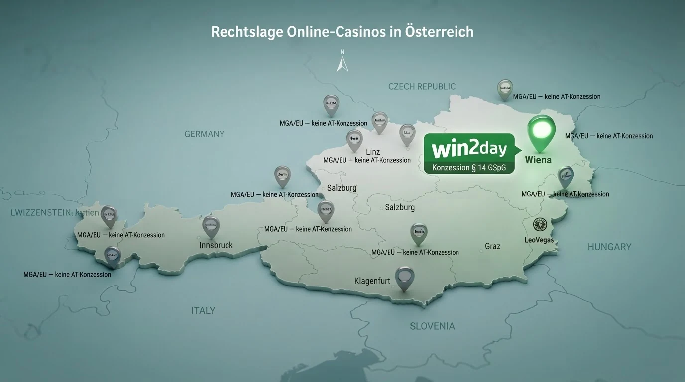 Eine stilisierte Österreich-Karte mit einem einzigen grünen Punkt (win2day) und mehreren grauen Punkten für EU-lizenzierte Anbieter — der grüne Punkt ist mit „Konzession § 14 GSpG“ beschriftet, die grauen mit „MGA/EU — keine AT-Konzession“