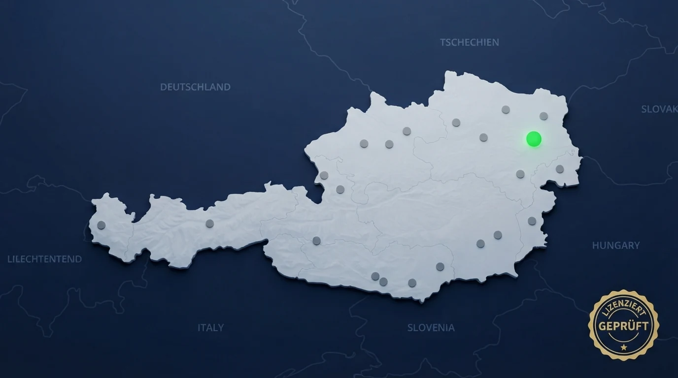 Eine Österreich-Karte mit einem einzigen grün leuchtenden Punkt (win2day) und mehreren grauen Punkten für Offshore-Anbieter – daneben das BMF-Logo und ein Auszug aus dem GSpG