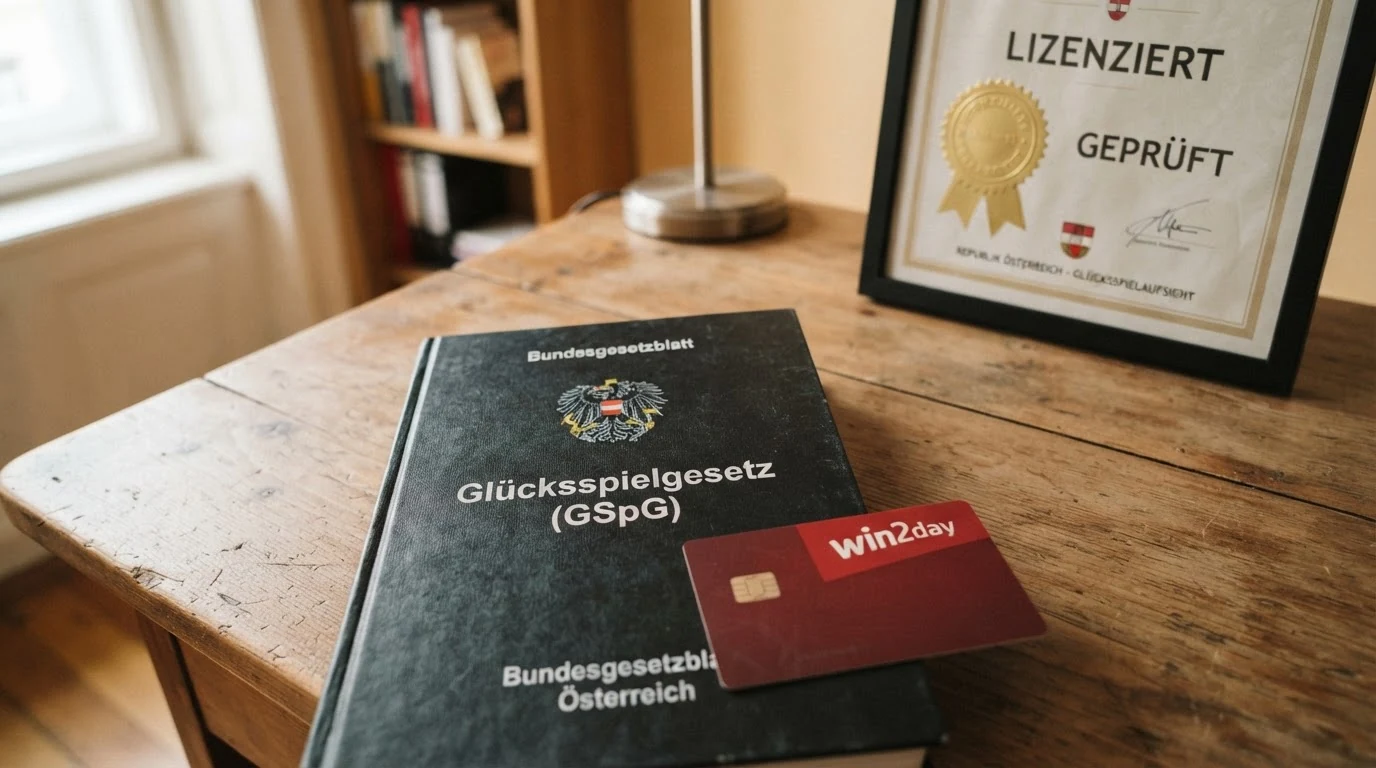 Darstellung der österreichischen Glücksspiel-Regulierung: GSpG-Dokument, win2day-Logo als einzigem Konzessionär, durchgestrichene Offshore-Lizenzsiegel