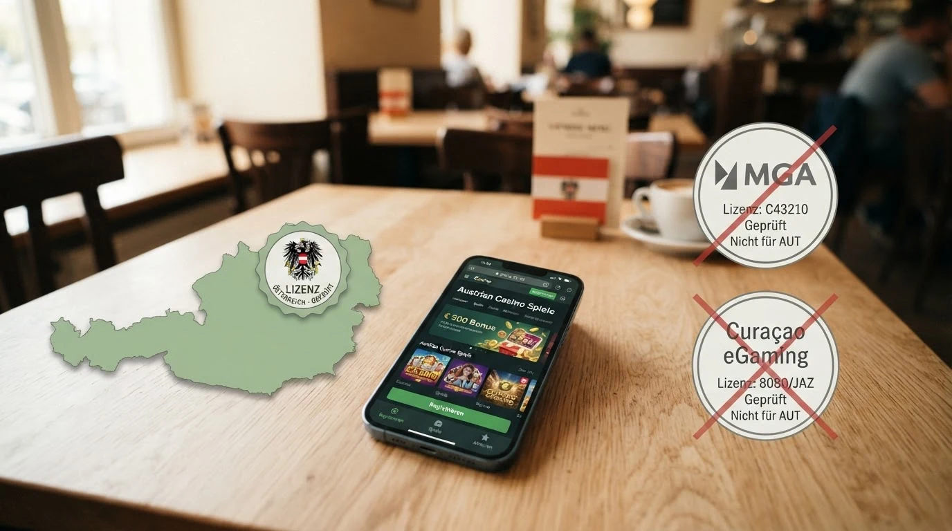 Eine stilisierte Österreich-Karte mit dem BMF-Logo und einem Smartphone, das die win2day-Startseite zeigt — daneben Symbole für MGA- und Curaçao-Lizenzen mit einem durchgestrichenen Haken