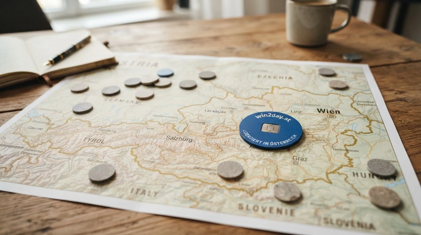 Karte Österreichs mit Markierung des win2day-Konzessionsgebiets und Symbolen für MGA- und GGL-lizenzierte Anbieter außerhalb
