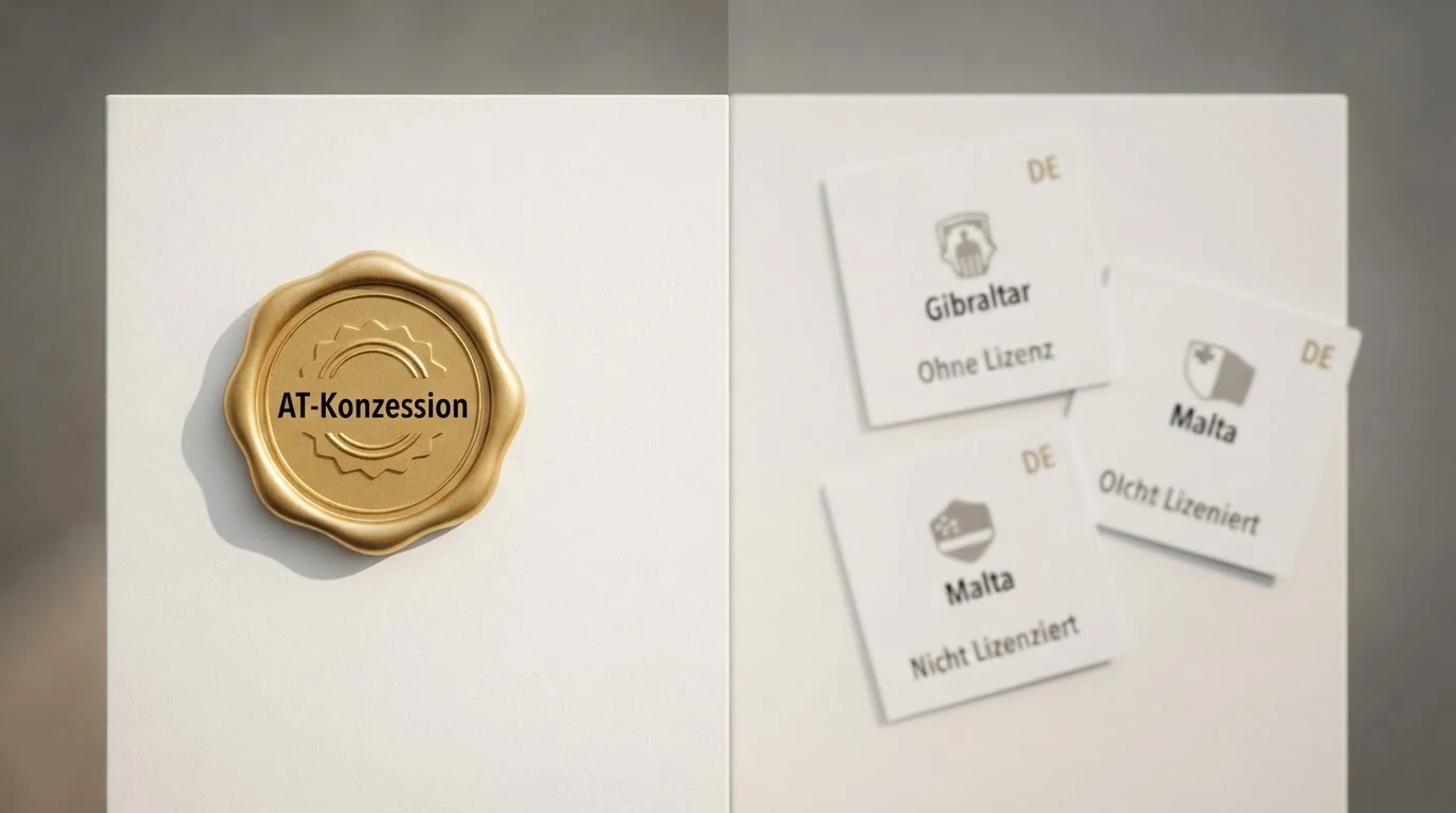 Zwei nebeneinanderliegende Kacheln: links ein Haken-Symbol mit „AT-Konzession“ und dem win2day-Logo, rechts drei Offshore-Lizenz-Symbole (MGA, Gibraltar, Curaçao) mit einem Fragezeichen