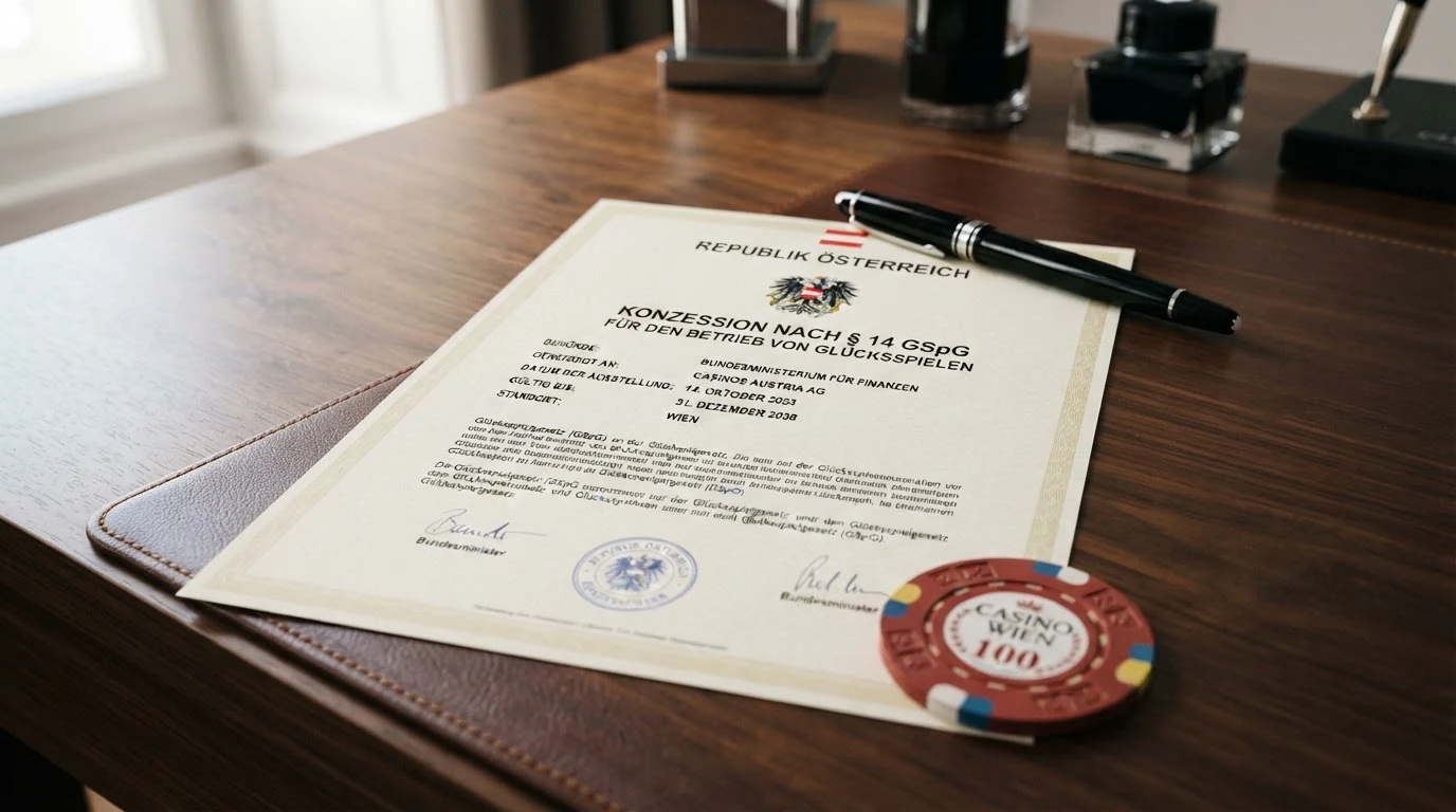 Offiziell wirkendes Dokument mit österreichischem Bundesadler und dem Schriftzug „Konzession nach § 14 GSpG“