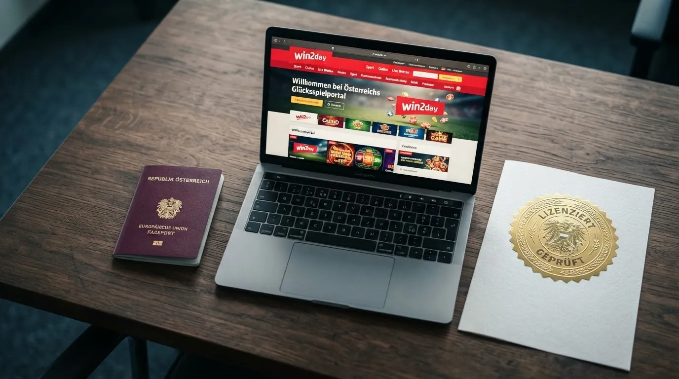 Ein österreichischer Reisepass liegt neben einem Bildschirm, auf dem das Logo der Österreichischen Lotterien (win2day) und ein durchgestrichenes Offshore-Casino-Symbol zu sehen sind