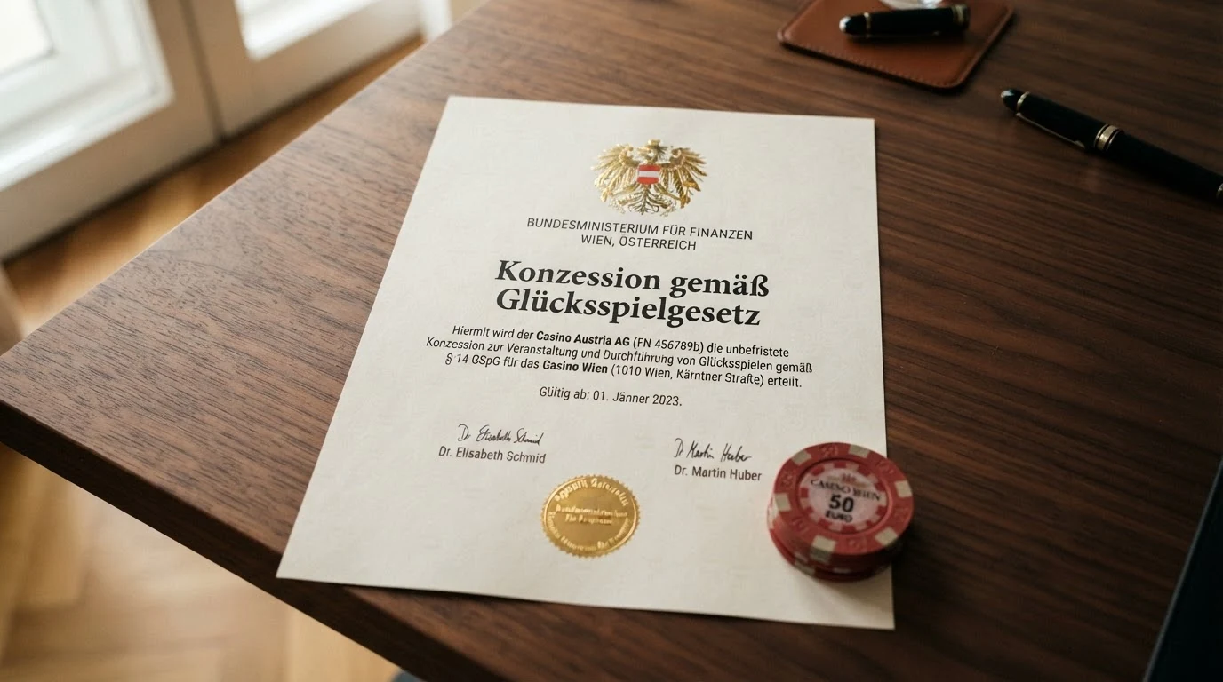 Offizielles Dokument mit dem Schriftzug „Konzession gemäß Glücksspielgesetz“ und dem österreichischen Bundeswappen