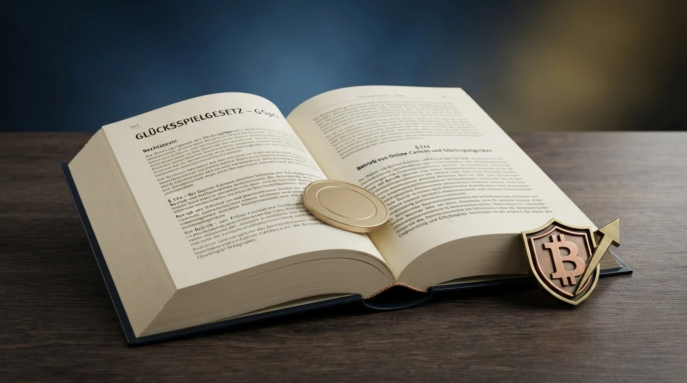 Aufgeschlagenes Gesetzbuch mit dem Titel „Glücksspielgesetz – GSpG“ neben einer Bitcoin-Münze auf einer österreichischen Flagge