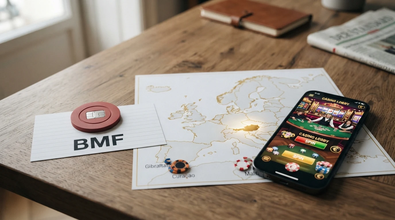 Übersichtliche Darstellung von Casino-Logos auf einer Europakarte, farblich getrennt nach BMF-konzessioniert und unauthorisiert