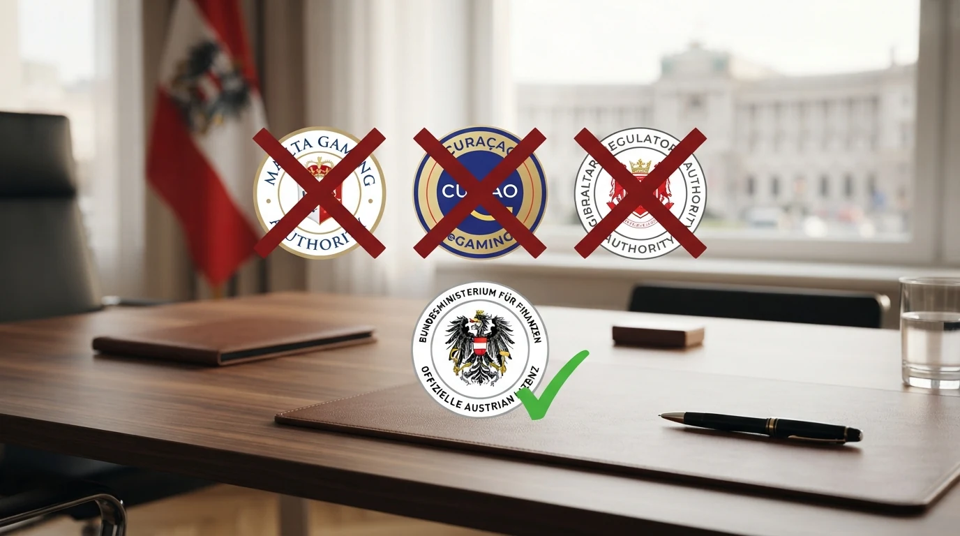 Drei stilisierte Lizenzsiegel nebeneinander: MGA (Malta), Curaçao eGaming und Gibraltar Regulatory Authority. Ein rotes Kreuz markiert jedes Siegel als in Österreich nicht gültig. Darunter das österreichische BMF-Siegel mit grünem Haken.