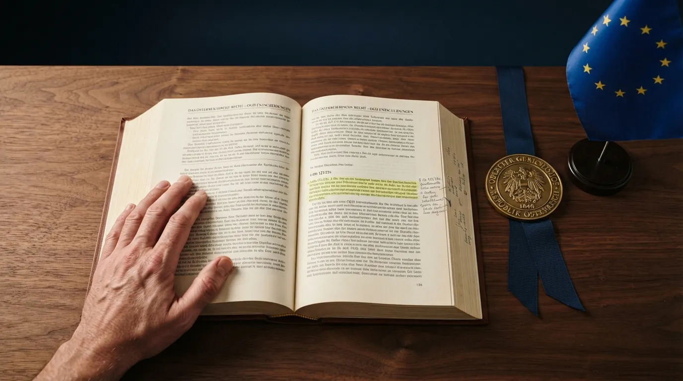Aufgeschlagenes Gesetzbuch mit hervorgehobenem Paragrafen neben dem Schriftzug „OGH“ und der EU-Flagge