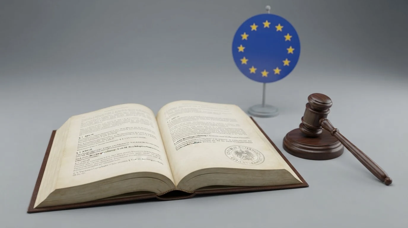 Ein aufgeschlagenes Gesetzbuch mit Paragrafenmarkierungen, daneben das EU-Emblem und ein Richterhammer auf einem Holzblock