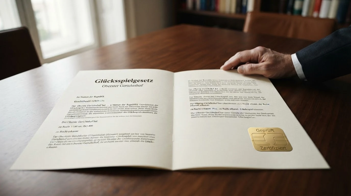 Ein aufgeschlagenes juristisches Dokument mit der Überschrift „Glücksspielgesetz“ und das Siegel des Obersten Gerichtshofs