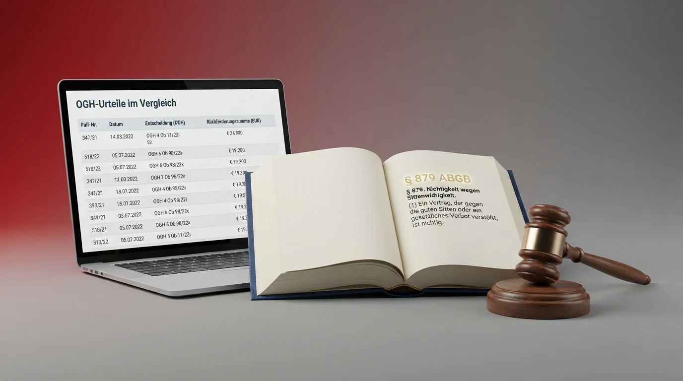 Ein aufgeschlagenes Gesetzbuch mit Lesebrille, daneben ein Richterhammer und ein Laptop mit einer geöffneten Vergleichstabelle