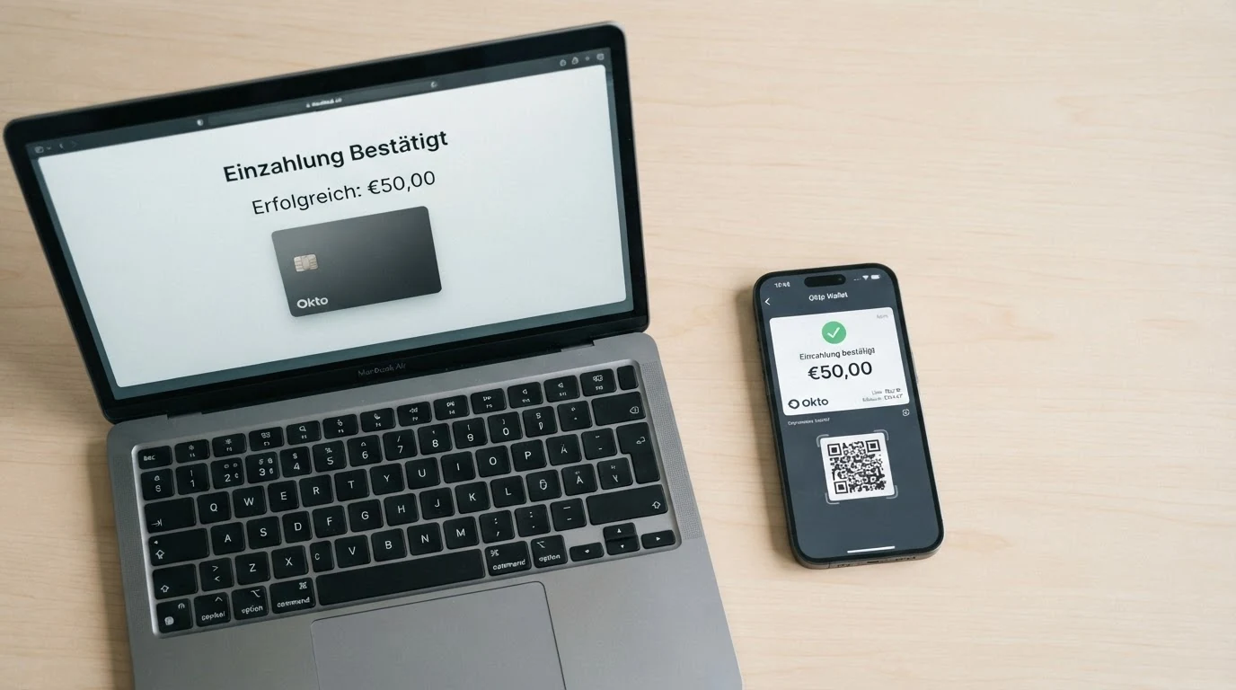 Schematische Darstellung: Smartphone mit geöffneter Okto-App und QR-Code neben einem Casino-Einzahlungsbildschirm, der den bestätigten Betrag zeigt