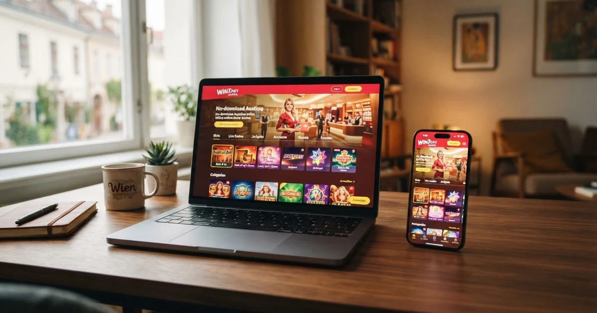 Ein geöffneter Laptop-Bildschirm zeigt eine Casino-Lobby mit mehreren Slot-Covern im Browser-Fenster, daneben ein Smartphone mit demselben Casino — kein App-Icon, keine Installation, nur der Browser-Tab