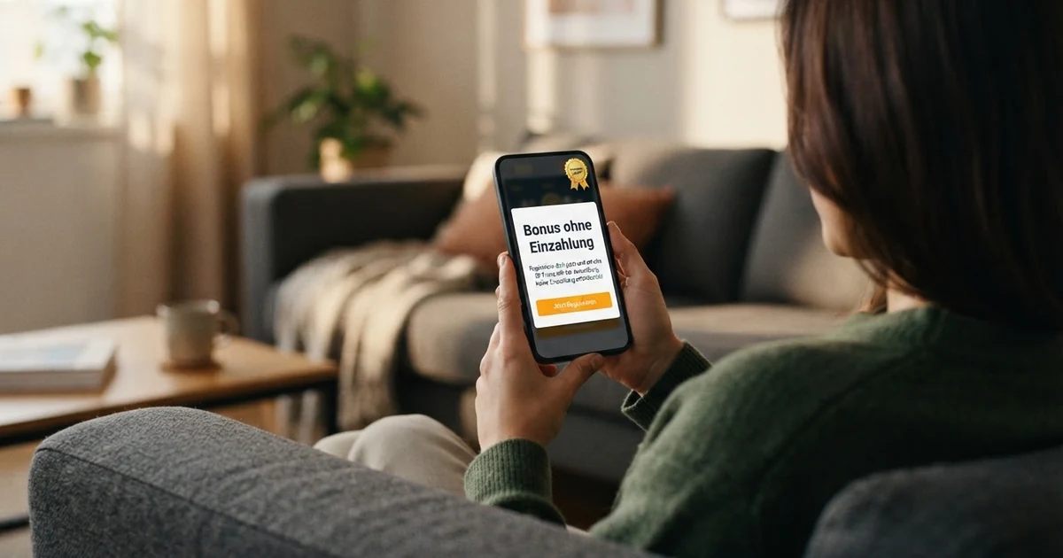 Smartphone-Bildschirm mit geöffneter Casino-Registrierungsseite, ein Pop-up mit der Aufschrift „Bonus ohne Einzahlung“ und ein Lizenzsiegel sind zu sehen