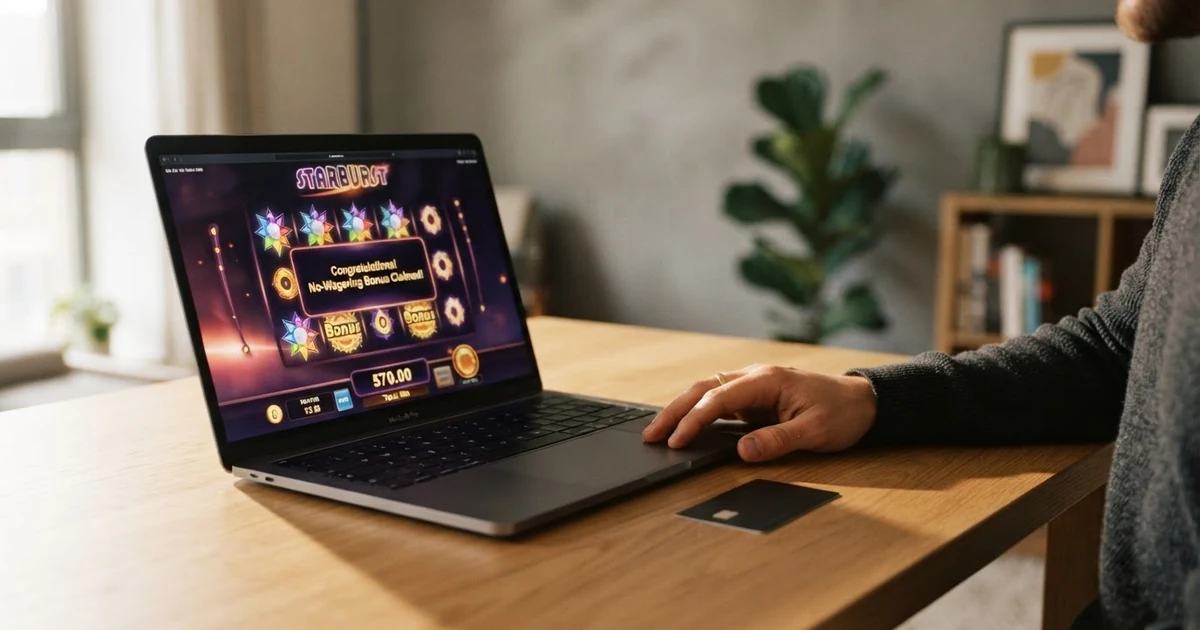 Grafische Darstellung eines Casino-Willkommensbonus mit durchgestrichenem Schriftzug „Umsatzbedingungen“ und dem Hinweis „Gewinne direkt auszahlbar“