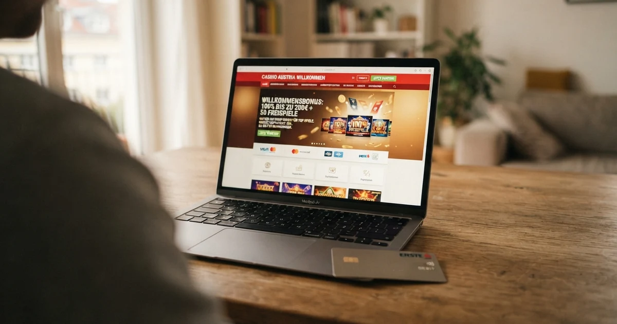 Ein Laptop-Bildschirm zeigt die Willkommensbonus-Seite eines Online-Casinos mit einem hervorgehobenen Einzahlungsbonus-Angebot — daneben liegt eine österreichische Kreditkarte
