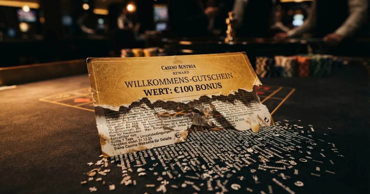 Ein aufgeschnittener Geschenkgutschein, aus dem Kleingedrucktes in Form von Prozentzeichen, Uhrsymbolen und Euro-Zeichen herausquillt