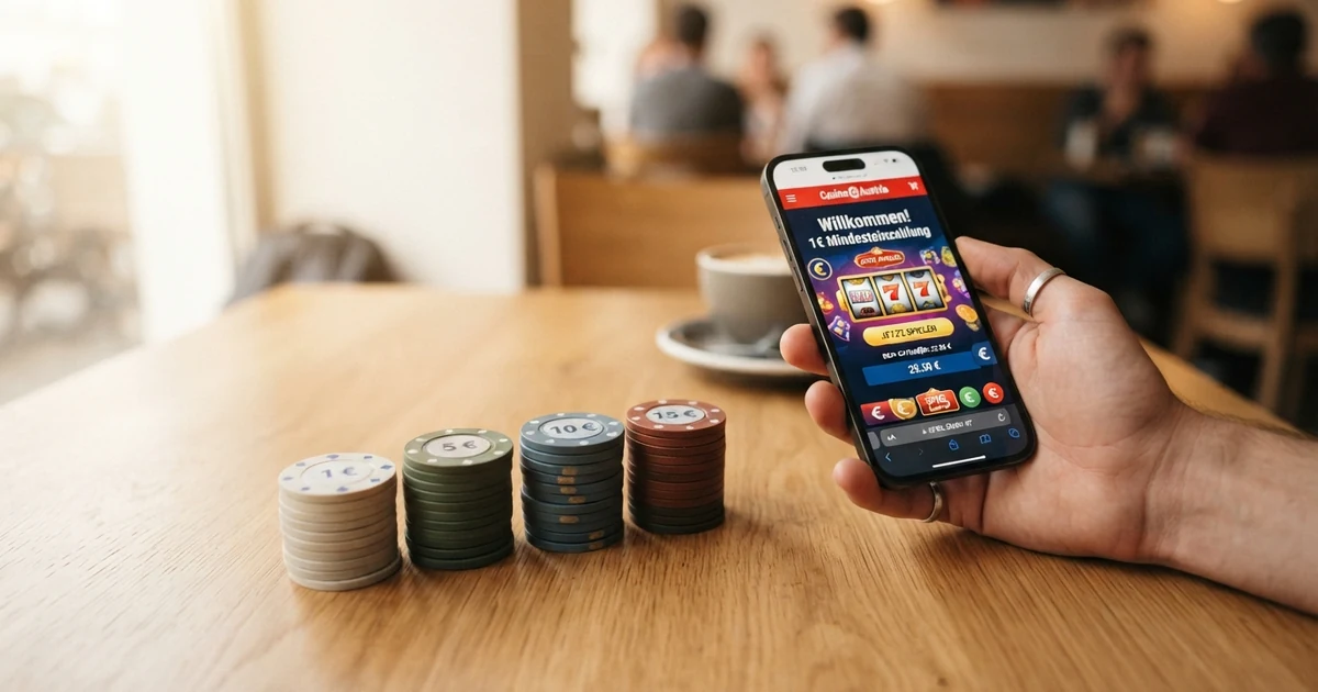 Vier Euromünzen-Stapel zu 1, 5, 10 und 15 Euro neben einem Smartphone mit Casino-Startseite
