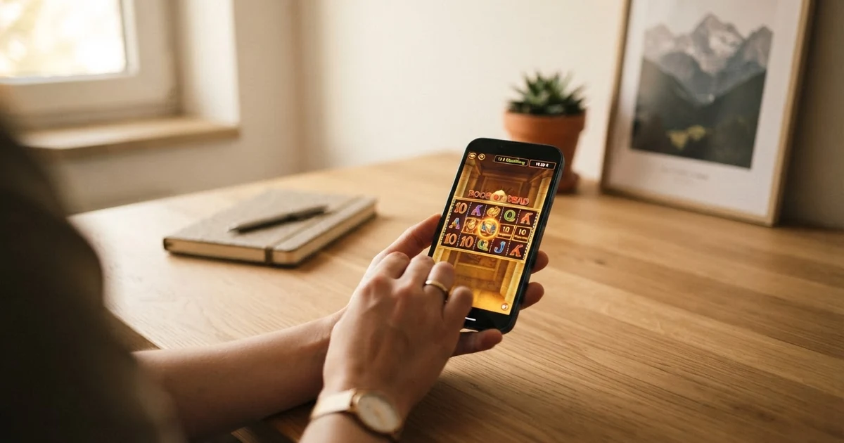 Nahaufnahme eines Smartphone-Bildschirms mit geöffneter Casino-Oberfläche, auf der „15 € Einzahlung“ und ein Spielautomat zu sehen sind