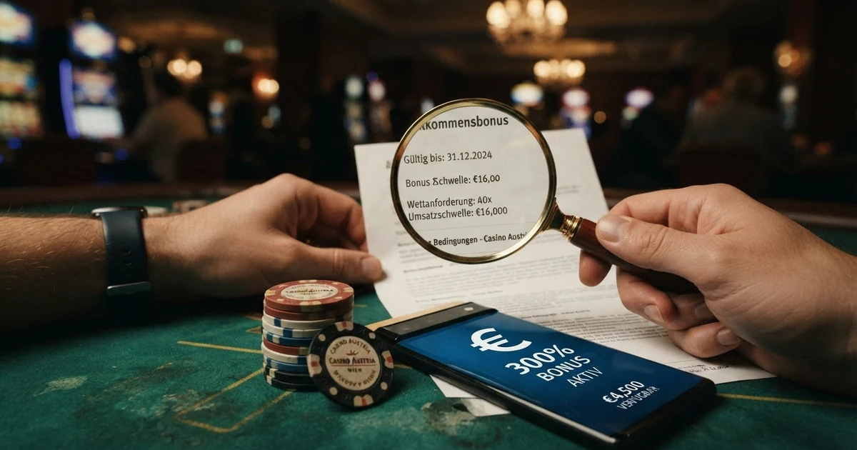 Ein Stapel Casino-Chips neben einem durchgestrichenen „300%“-Schriftzug, darunter Kleingedrucktes mit einer Lupe vergrößert