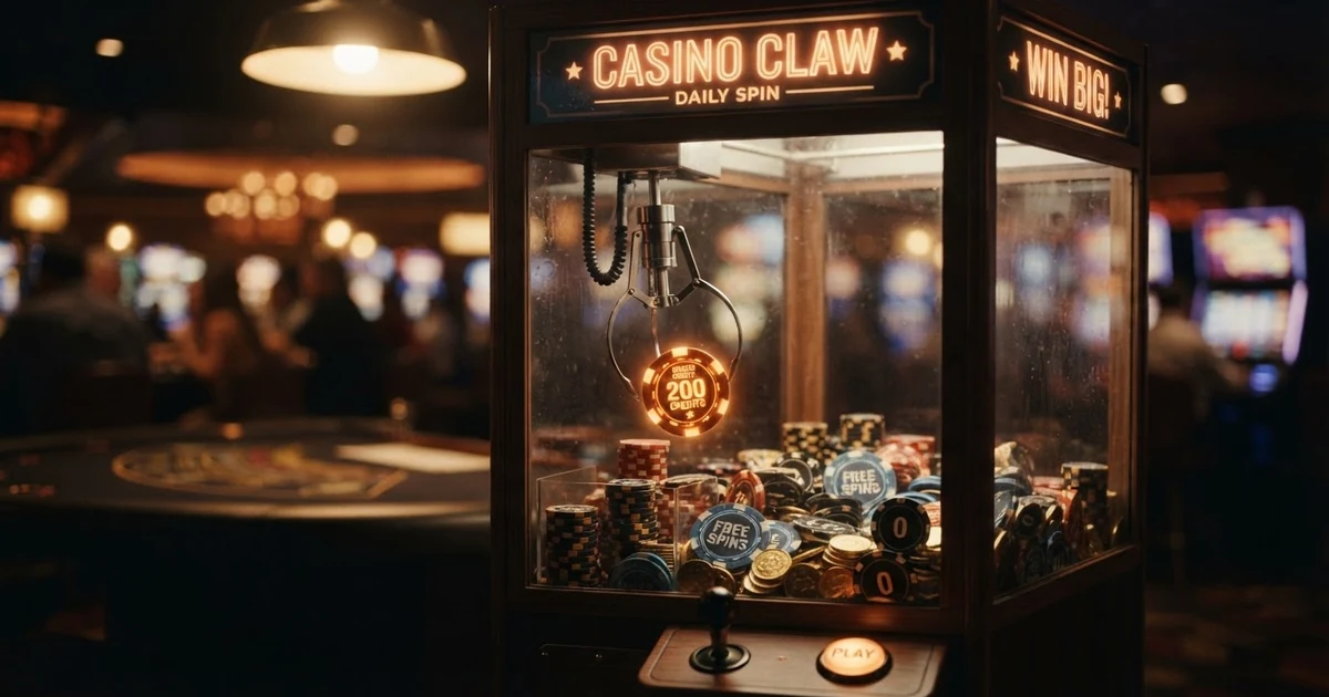 Virtueller Greifautomat eines Online-Casinos mit geöffnetem Greifarm über verschiedenen Preisfeldern — Bonusguthaben, Freispiele, Echtgeld und die Null