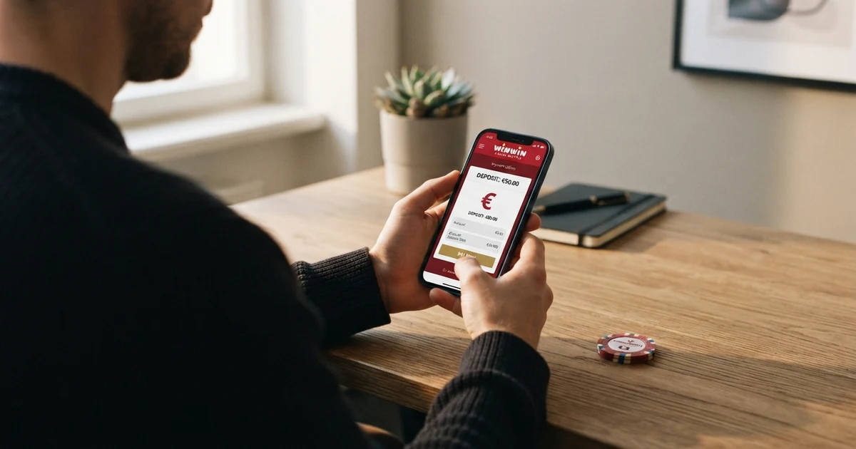Eine Person hält ein Smartphone mit geöffneter Casino-App und dem Drei-Logo auf dem Bildschirm, daneben eine Kreditkarte als Kontrast