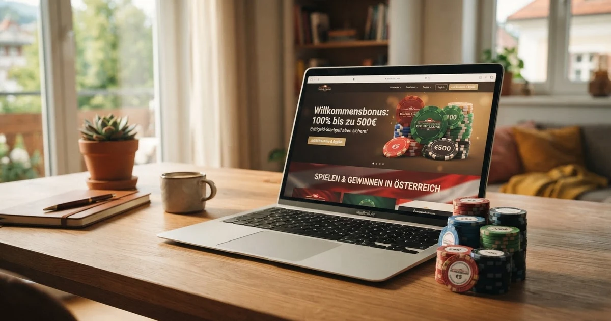 Ein Stapel Casino-Chips neben einem aufgeklappten Laptop, auf dessen Bildschirm ein Willkommensbonus-Angebot eingeblendet ist