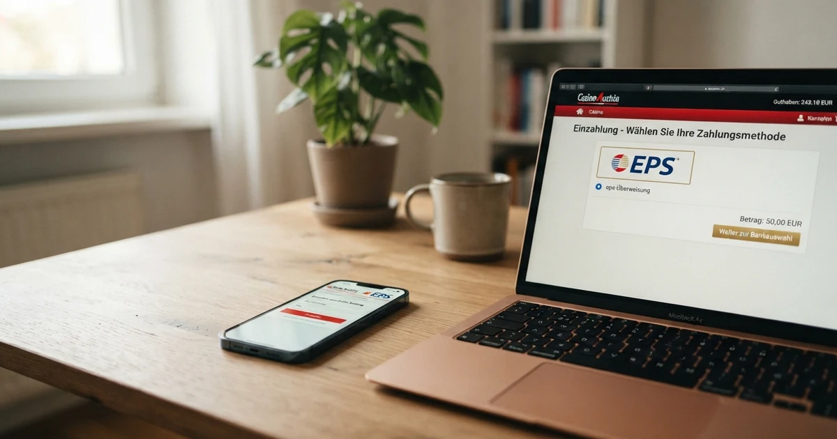 EPS-Logo und Online-Banking-Bildschirm auf einem Smartphone neben einem Laptop mit geöffneter Casino-Kasse