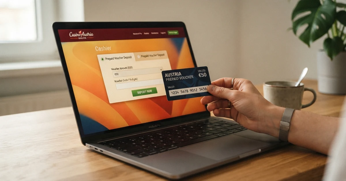Eine Hand hält eine Paysafecard mit sichtbarem 16-stelligen Code vor einem geöffneten Laptop, auf dessen Bildschirm die Kassen-Seite eines Online-Casinos zu sehen ist.