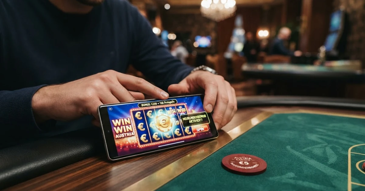 Ein Spieltisch mit Chips, Karten und einem Bildschirm, auf dem ein Willkommensbonus-Angebot eingeblendet ist