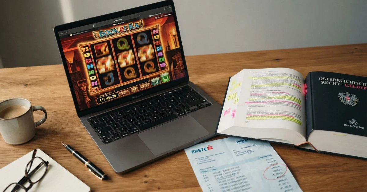 Ein Laptop mit geöffnetem Online-Casino-Fenster, daneben ein österreichisches Gesetzbuch mit farbigen Markierungen auf der aufgeschlagenen Seite — auf dem Tisch liegen Kontoauszüge mit hervorgehobenen Transaktionen.