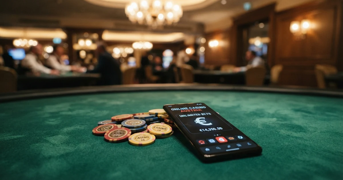 Nahaufnahme von Casino-Chips auf einem Filztisch, daneben eine digitale Anzeigetafel mit einem durchgestrichenen Euro-Symbol und dem Text „Kein Online-Limit in Österreich“