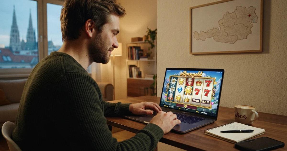Ein Spieler sitzt an einem Laptop mit geöffnetem Online-Casino, im Hintergrund eine stilisierte Österreich-Karte mit einem markierten Punkt für Wien